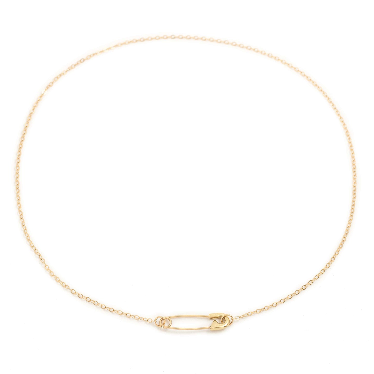 Safety pin necklace, 14K yellow gold