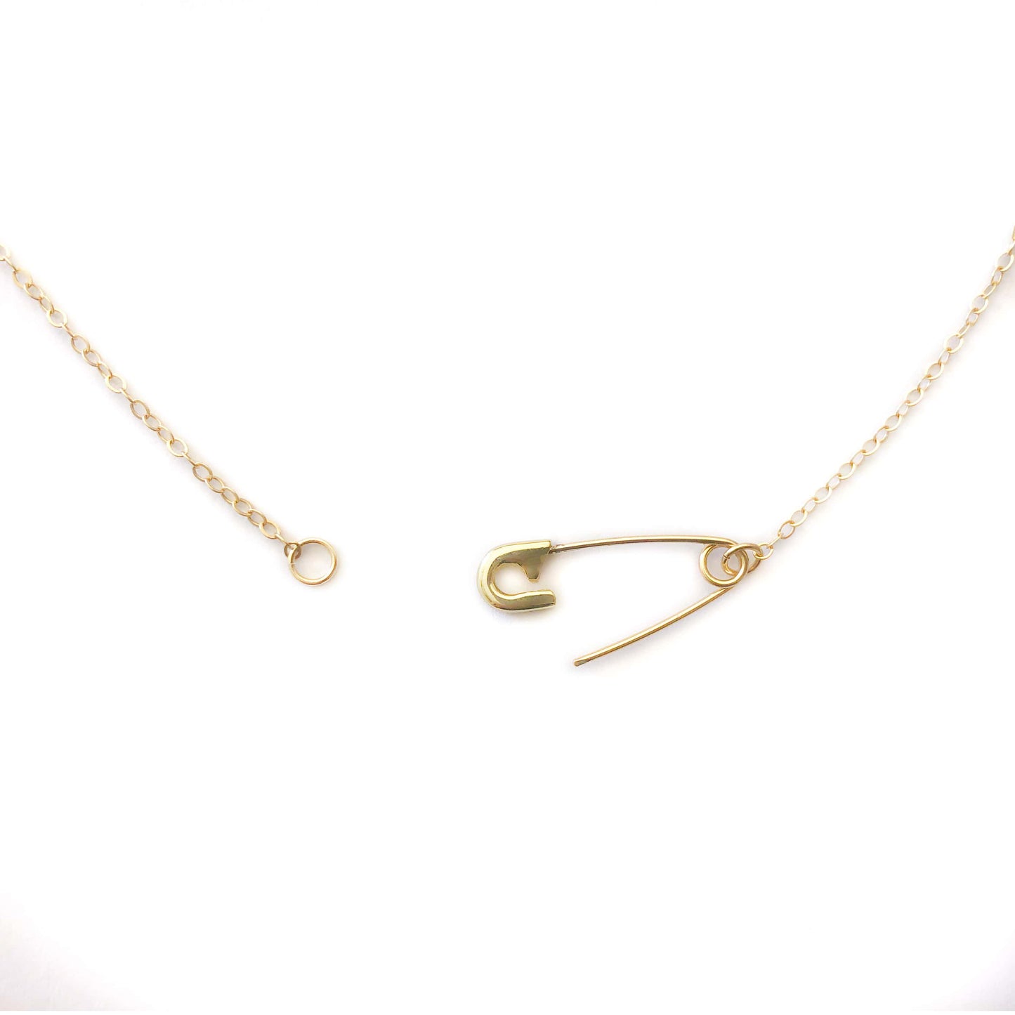 Safety pin necklace, 14K yellow gold